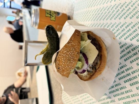Burger and pickle from Gasoline Grill