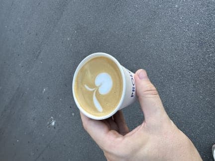 Hand holding a cappuccino from Prolog Coffee