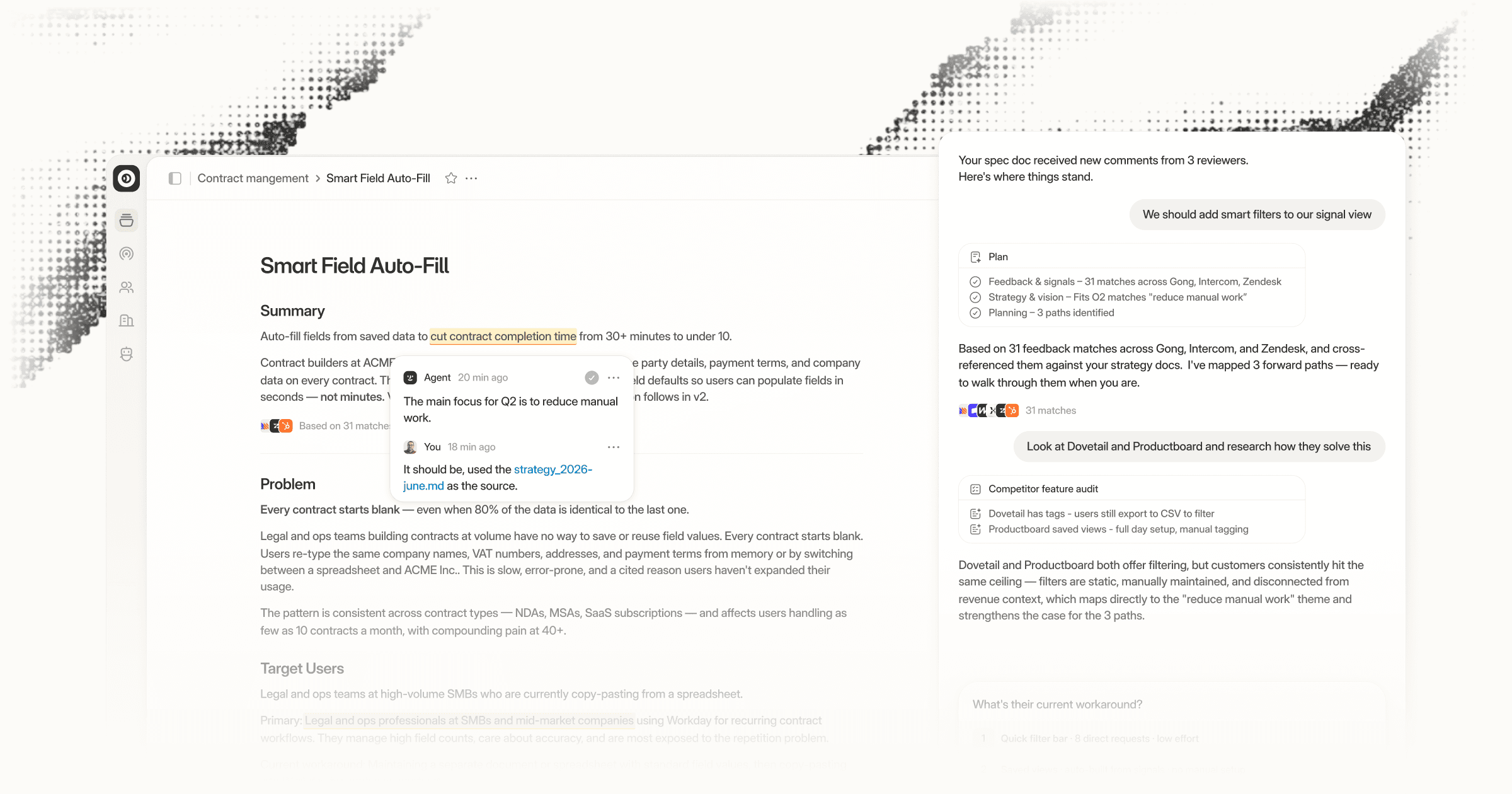 Propane product UI: Smart Field Auto-Fill documentation with comments and activity sidebar