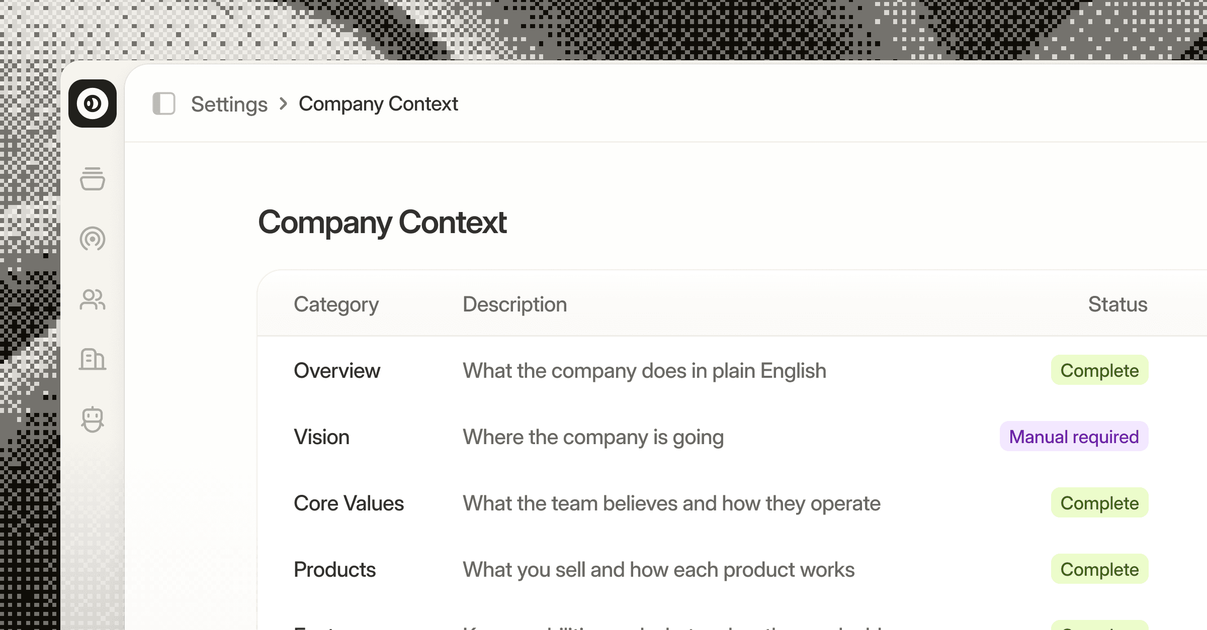 Company Context settings showing category rows with Complete and Manual required status badges