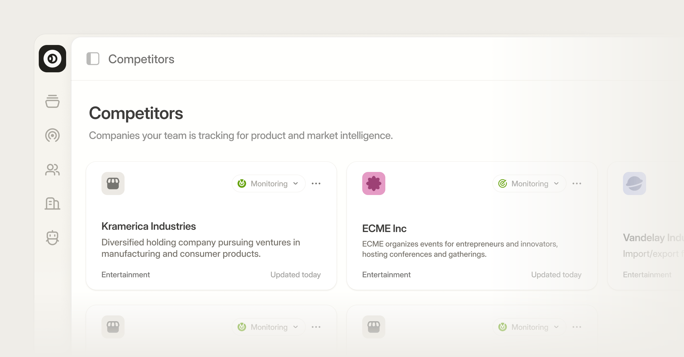 Competitors page showing tracked companies with monitoring status, category labels, and last-updated timestamps