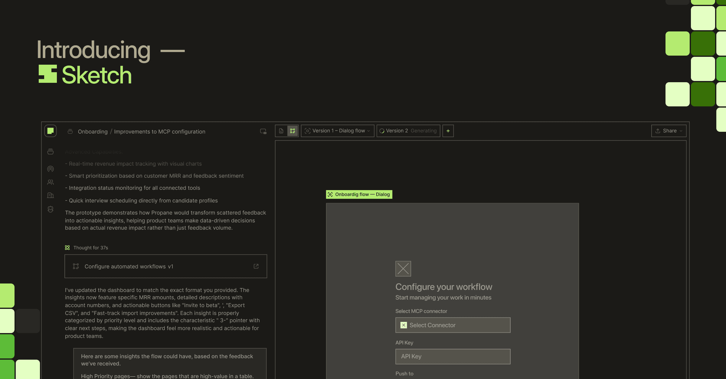 Introducing Sketch — lo-fi onboarding dialog prototype rendered from MCP configuration spec on Canvas