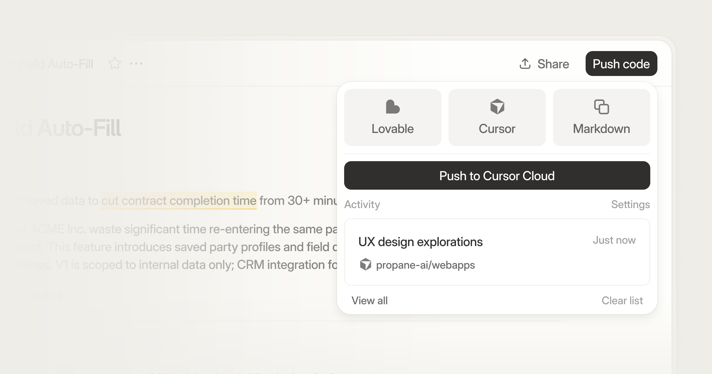 Canvas share menu with Cursor selected, Push to Cursor Cloud button, and recent push activity for UX design explorations