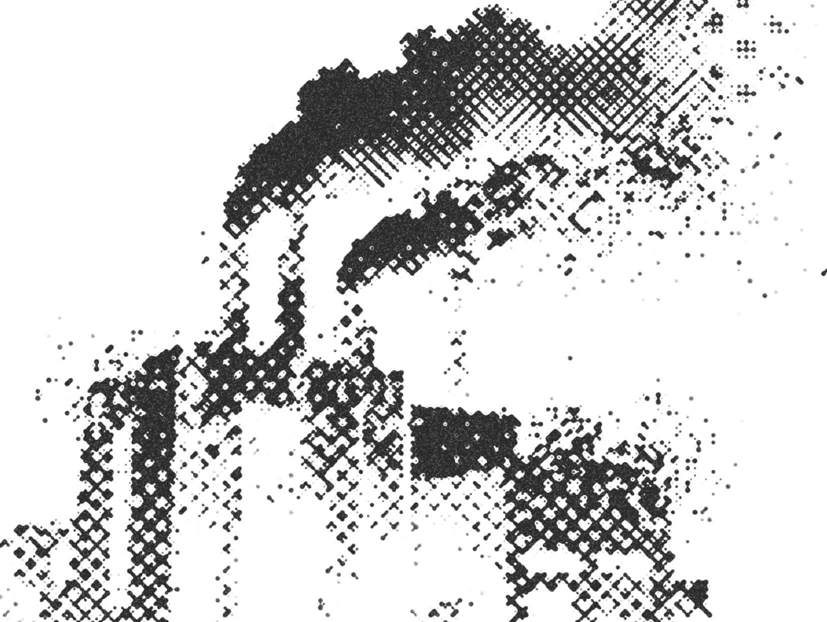 Stylized black-and-white halftone illustration of an industrial factory with smoke billowing from chimneys, with a grainy digital disintegration effect along the edges.