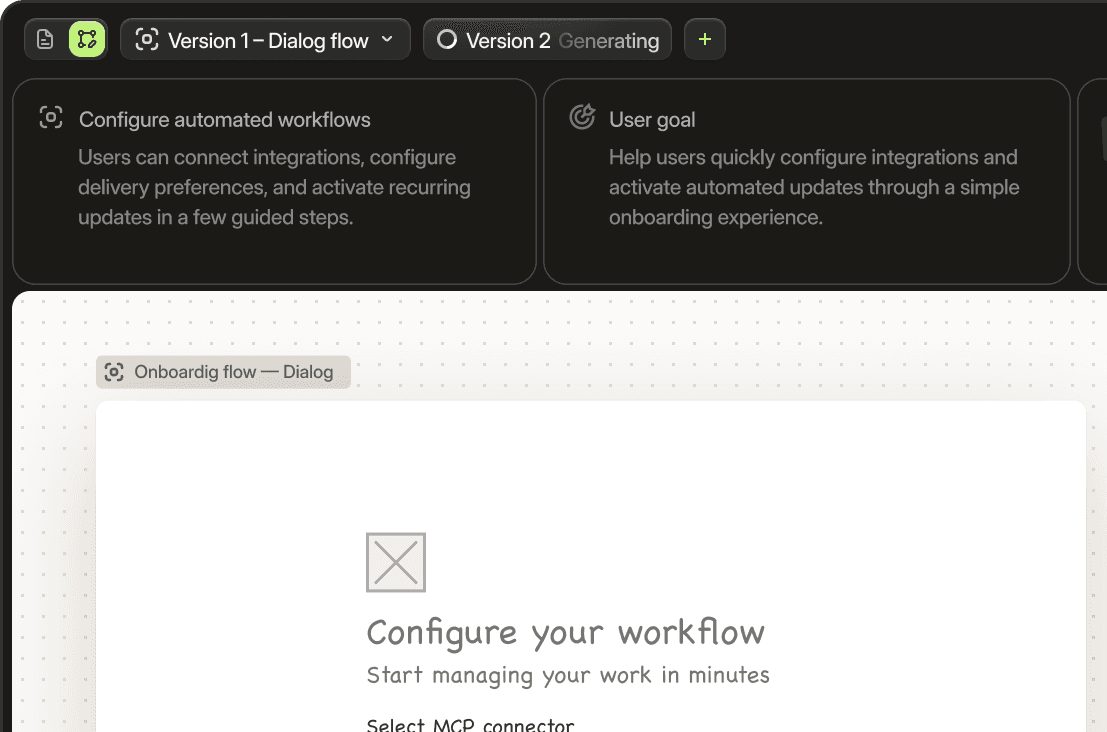Sketch UI preview: versions, workflow configuration, and canvas.