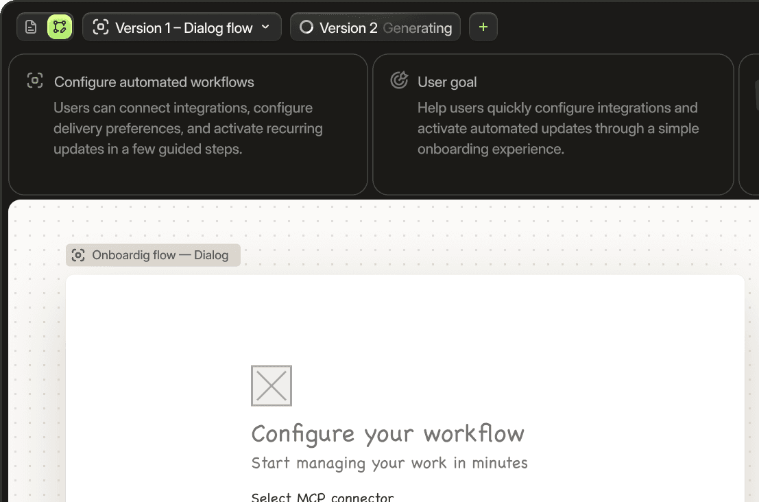 Sketch UI preview: versions, workflow configuration, and canvas.