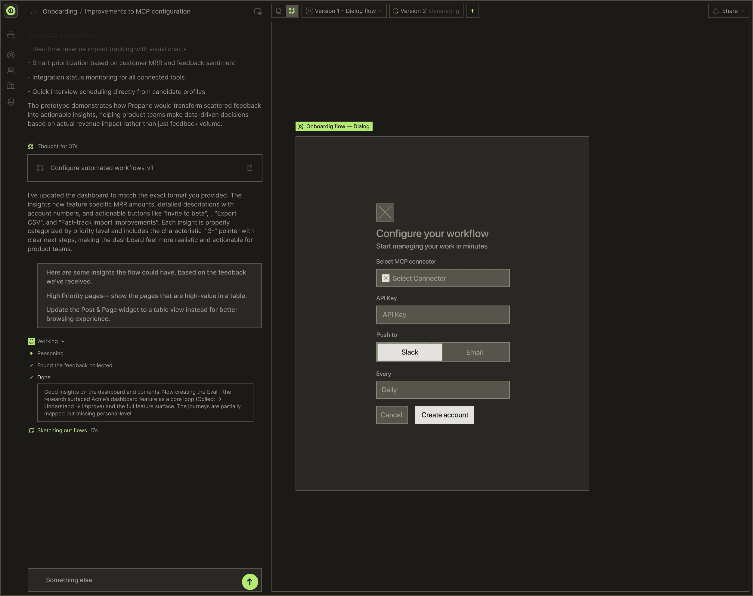 Sketch workspace showing workflow configuration and canvas preview.